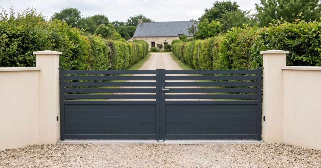 Entrée de plateau et allée longue vers une maison éloignée à Commer, configuration qui laisse du recul devant le portail