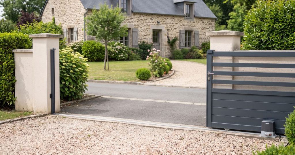 Portail coulissant ouvert et sa zone de refoulement sur une entrée de Commer, vue depuis la propriété, prix d’un portail