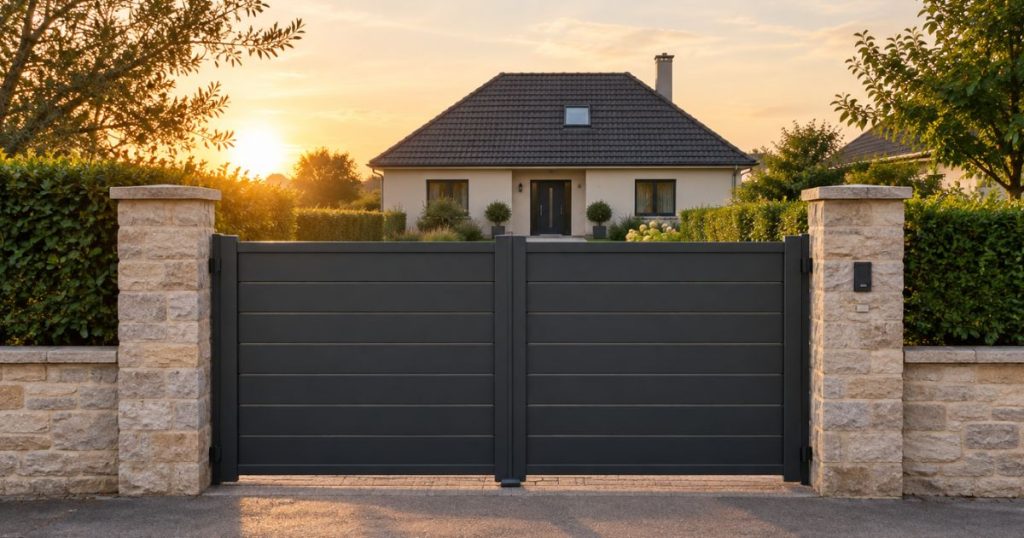 Prix d’un portail battant aluminium anthracite à Laval, vue depuis la rue, posé par Kalio Menuiserie