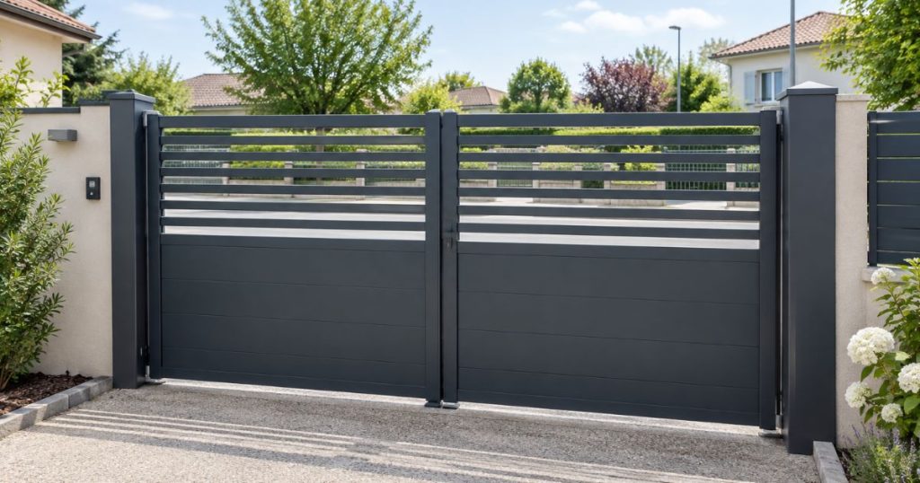 Prix d’un portail à Laval, portail aluminium semi-ajouré fermé vu depuis la propriété