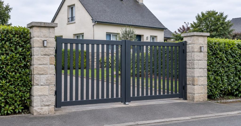 Portail battant aluminium anthracite au Rheu, vue depuis la rue, piliers en pierre