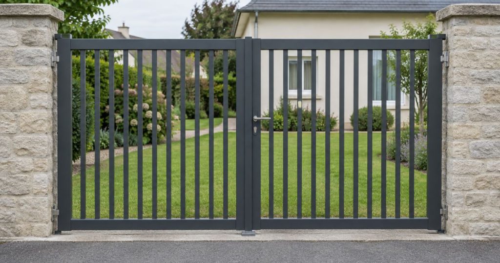 Prix d’un portail au Rheu, portail aluminium ajouré laissant voir le jardin en transparence