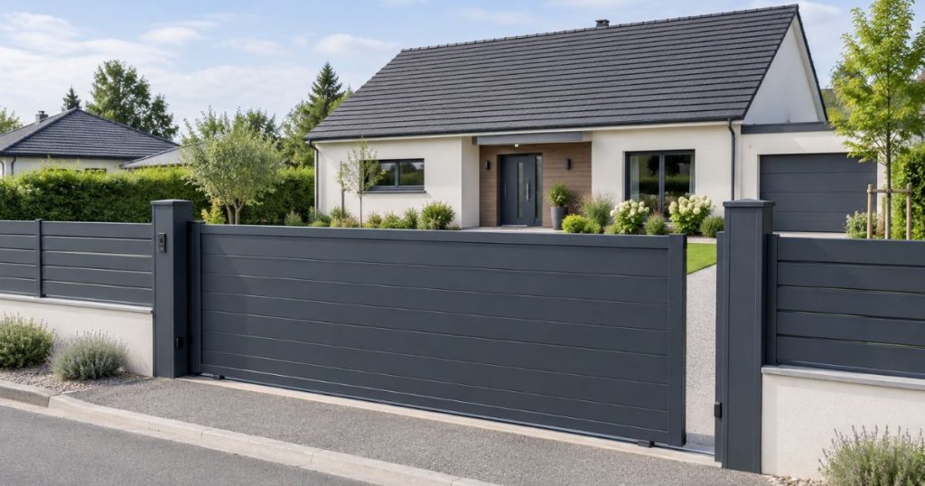 Portail aluminium posé par Kalio Menuiserie à Louverné, vue d’ensemble depuis la rue