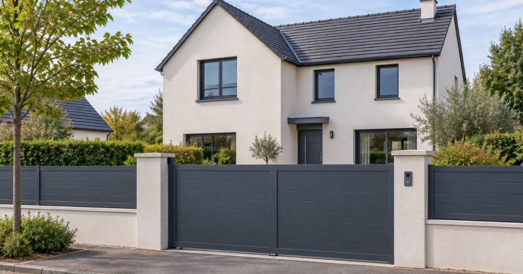 Prix d’un portail à Louverné, portail plein dont la teinte est accordée aux menuiseries de la maison