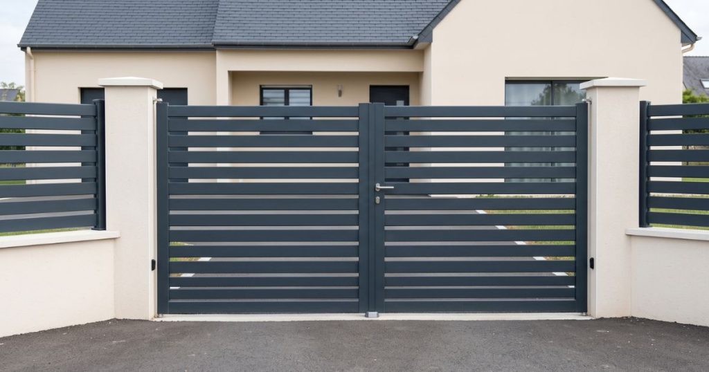Entrée terminée en lumière rasante, laquage d’un portail aluminium, budget portail à Mamers