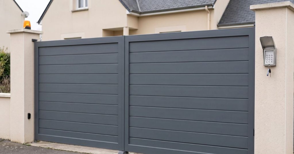 Zone de refoulement d’un portail coulissant aluminium à Mamers, tablier effacé le long de la clôture