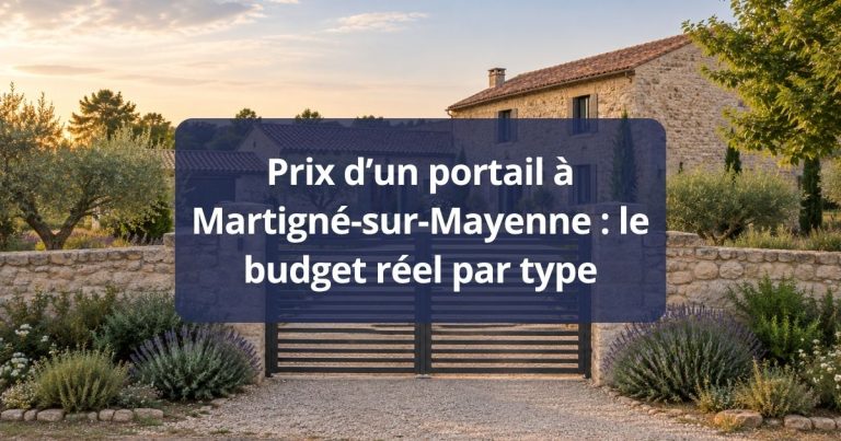 Portail battant aluminium anthracite fermé entre deux piliers, vu depuis la rue à Martigné-sur-Mayenne