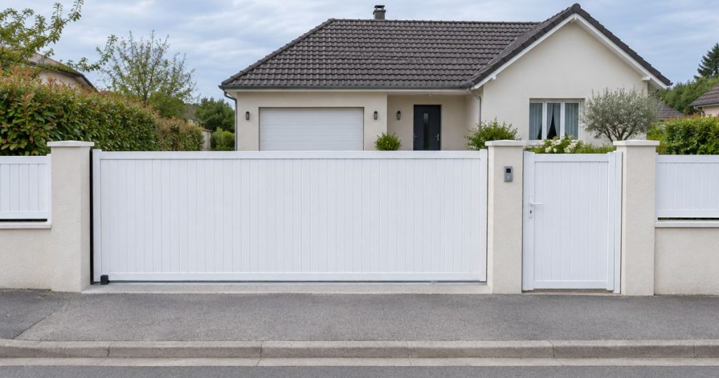 Portail aluminium posé par Kalio Menuiserie à Renazé, vue d’ensemble depuis la rue