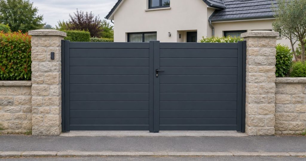 Portail battant aluminium anthracite fermé à Renazé, vue depuis la rue avec piliers en pierre, par Kalio Menuiserie