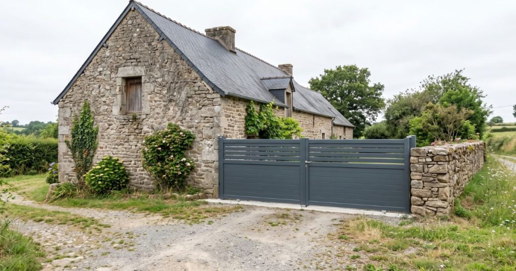 Entrée de longère large sur les hauteurs de Saint-Baudelle, au-delà des largeurs couvertes par la grille