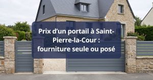 Portail battant aluminium anthracite fermé entre deux piliers, vu depuis la rue à Saint-Pierre-la-Cour
