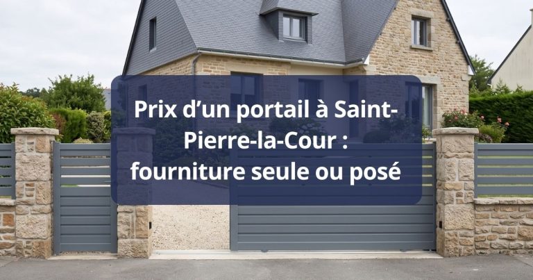 Portail battant aluminium anthracite fermé entre deux piliers, vu depuis la rue à Saint-Pierre-la-Cour