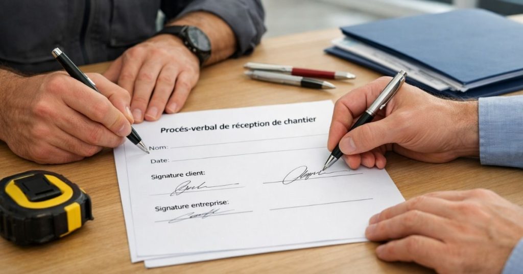 Signature du procès-verbal de réception de chantier après une pose de fenêtres par Kalio Menuiserie