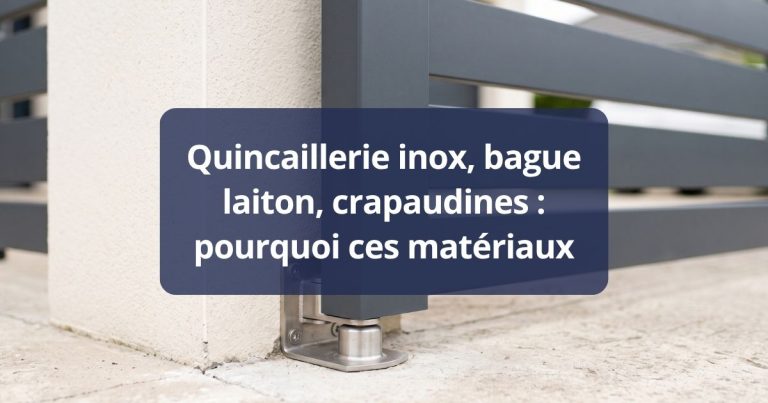 Crapaudine et pivot bas d’un portail battant aluminium au pied du montant, gond inox scellé dans le pilier