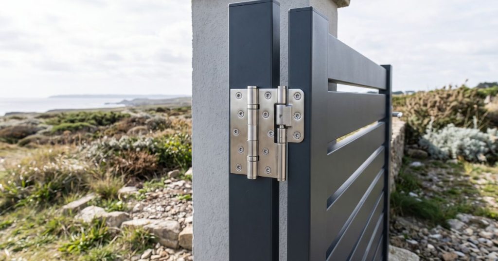 Montant et gond d’un portail aluminium en atmosphère marine, laquage et visserie intacts