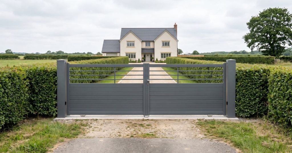 Remplissage plein d’un portail coulissant aluminium fermé face au vent sur une entrée dégagée