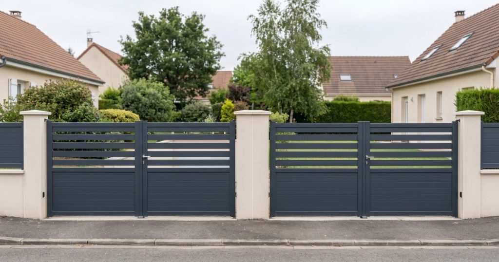 Remplissage de portail identique sur deux entrées voisines d’une même rue, portails aluminium