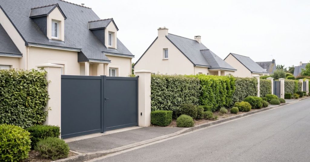 Rue de lotissement à Thorigné-Fouillard, entrées voisines aux portails de même gabarit