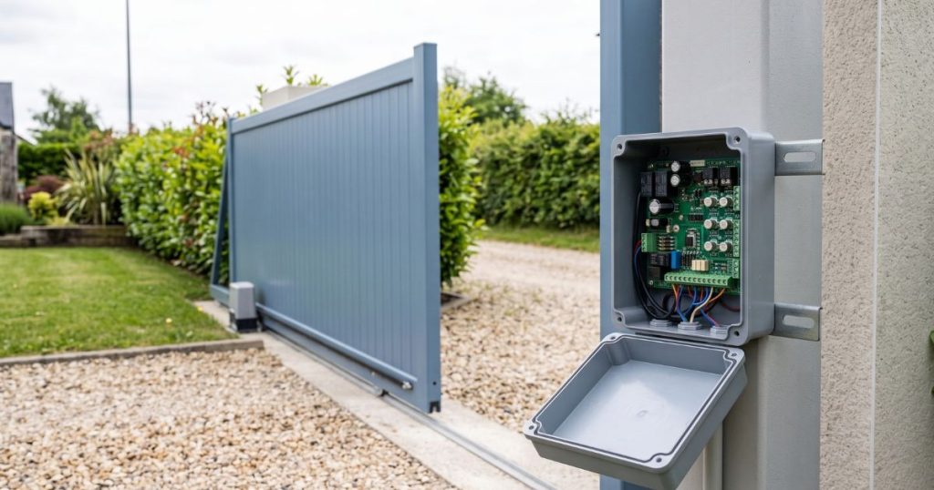 Coffret de commande ouvert sur le montant d’un portail coulissant, là où se règle l’effort de la motorisation