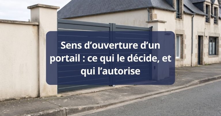 Portail battant aluminium fermé au ras du trottoir, la bordure de voirie au premier plan