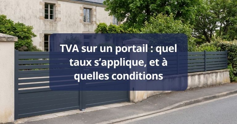 Portail aluminium neuf sur l’entrée d’une maison d’habitation ancienne, vu depuis la rue