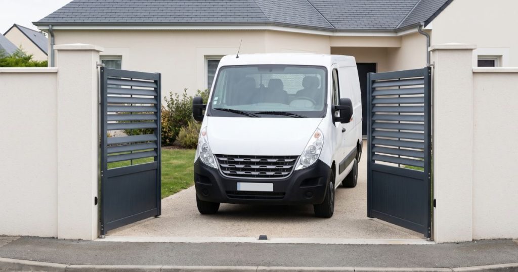 Véhicule utilitaire franchissant un portail aluminium ouvert, marge latérale visible de part et d’autre