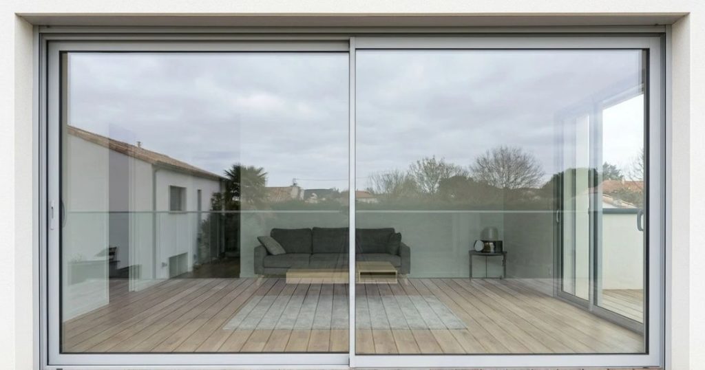 Baie vitrée coulissante ouvrant de plain-pied sur une terrasse en bois, sans marche au seuil - visuel Kalio Menuiserie