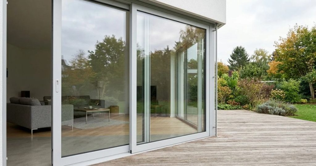 Baie vitrée coulissante ouvrant de plain-pied sur une terrasse en bois, sans marche au seuil