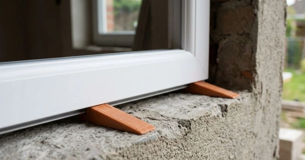 Cales de pose glissées sous le dormant d’une fenêtre avant fixation