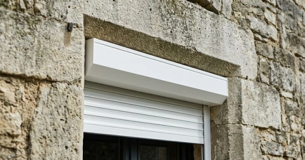Coffre de volet roulant de rénovation posé en applique sous un linteau de pierre