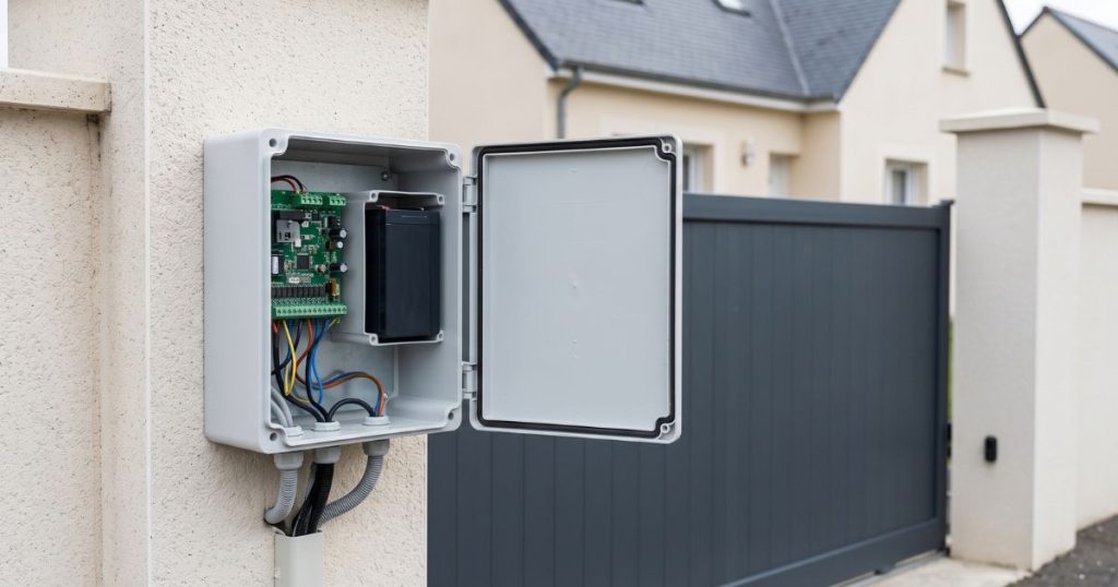 Coffret de commande d’un portail motorisé ouvert, platine et emplacement de la batterie de secours