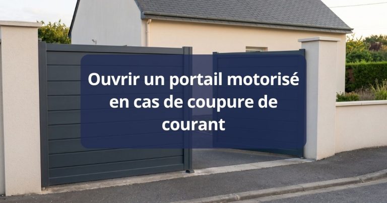 Portail battant aluminium entrouvert, bras de motorisation débrayé le long du montant