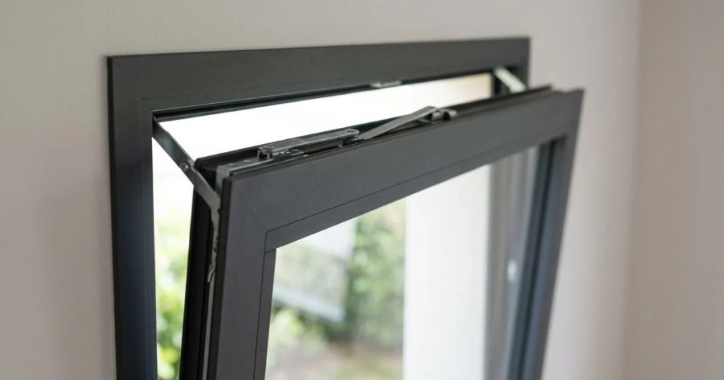 Fenêtre aluminium en position oscillo-battante, ferrure de bascule visible