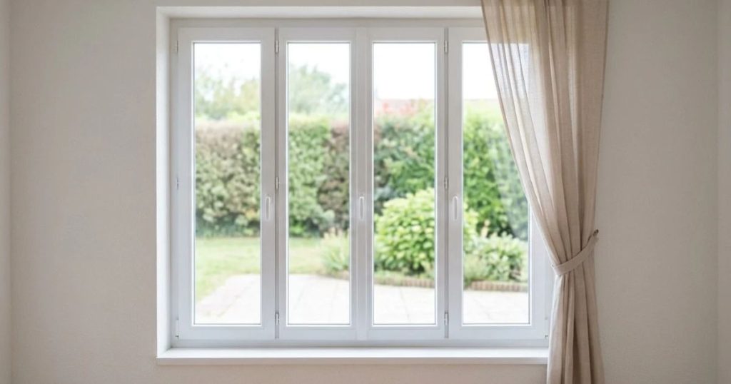 Fenêtre PVC double vitrage fermée vue de l’intérieur d’une chambre