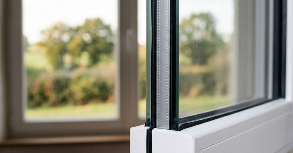 Intercalaire d’un double vitrage vu dans l’angle inférieur d’un ouvrant