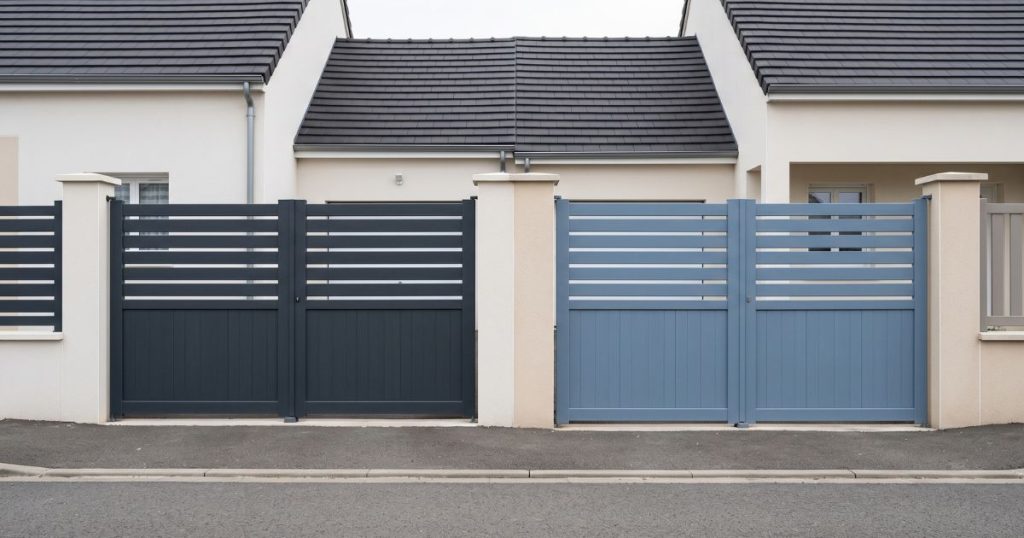 Deux entrées voisines d’un même lotissement équipées de portails de teintes différentes