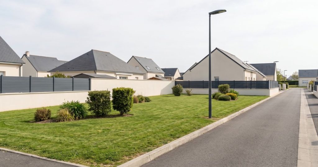 Espace vert commun d’un lotissement bordé par sa voie interne et un lampadaire