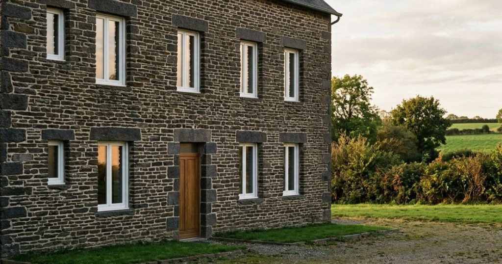 Maison du bocage en moellons de schiste aux ouvertures hautes et étroites, fenêtres PVC neuves