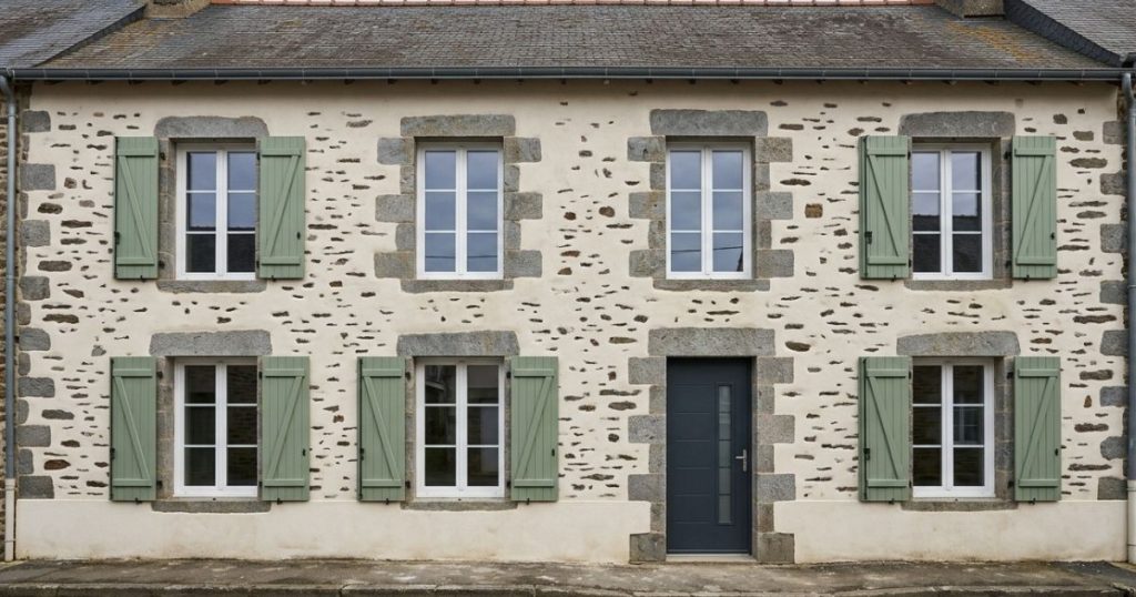Façade de maison de bourg en schiste avec fenêtres, porte d’entrée et volets battants neufs