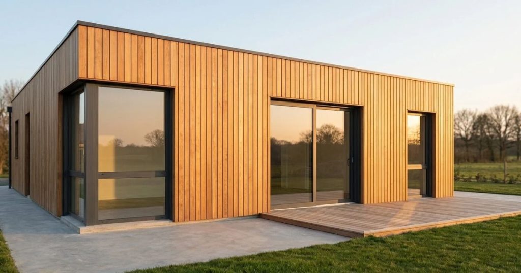 Maison contemporaine à bardage bois équipée de grandes fenêtres aluminium