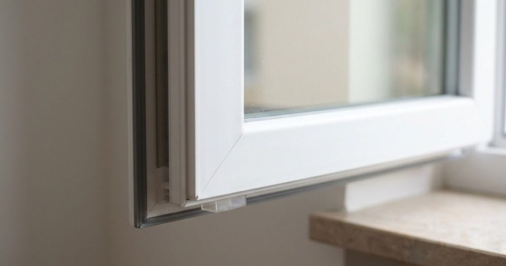 Parclose et cale de vitrage visibles dans l’angle inférieur d’un ouvrant PVC