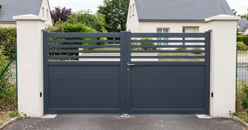 Portail battant aluminium à deux vantaux de longueur égale fermant une entrée large
