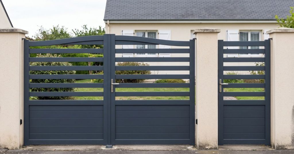 Portail battant aluminium et portillon de même teinte séparés par un pilier sur la même limite