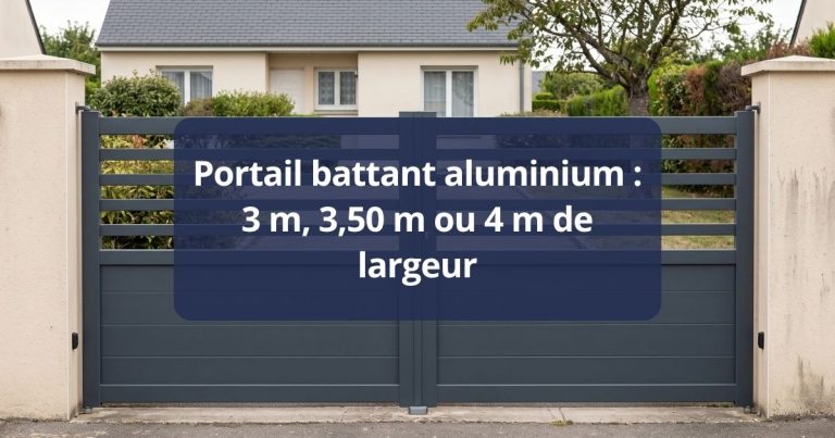 Portail battant aluminium à deux vantaux fermé entre ses piliers, vu de face depuis la rue