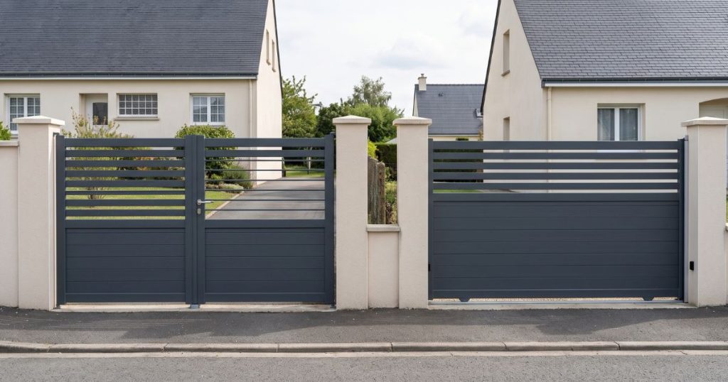 Portails battant et coulissant aluminium posés par Kalio Menuiserie sur deux entrées voisines
