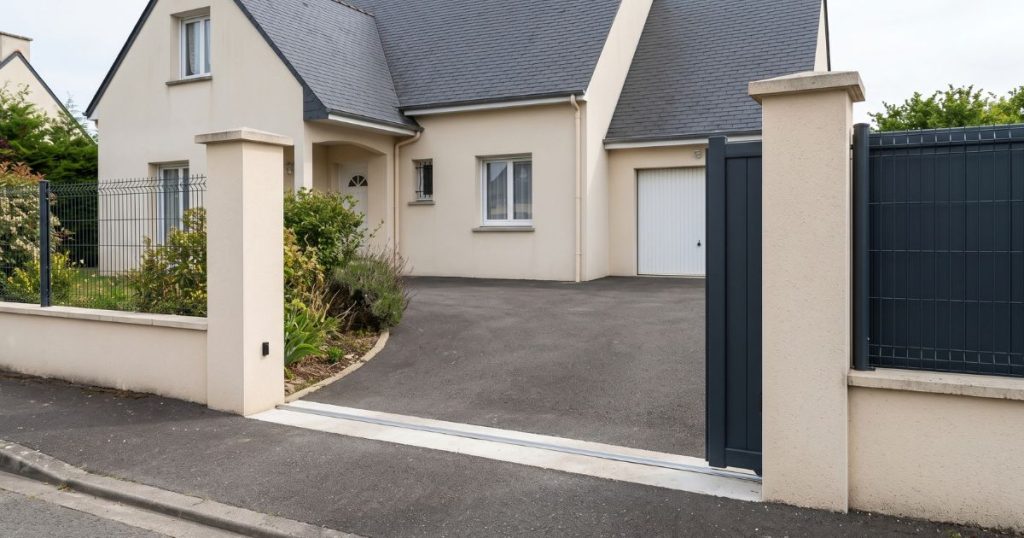 Portail coulissant aluminium replié le long de la clôture, aucun espace occupé devant l’entrée