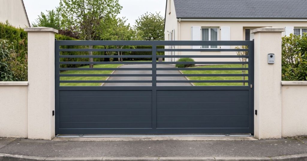 Portail coulissant aluminium fermé entre deux piliers, largeur de passage vue de face depuis la rue