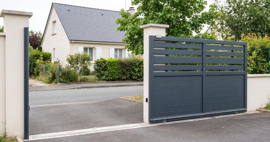 Portail coulissant aluminium ouvert à fond et effacé le long de la clôture, passage entièrement libre