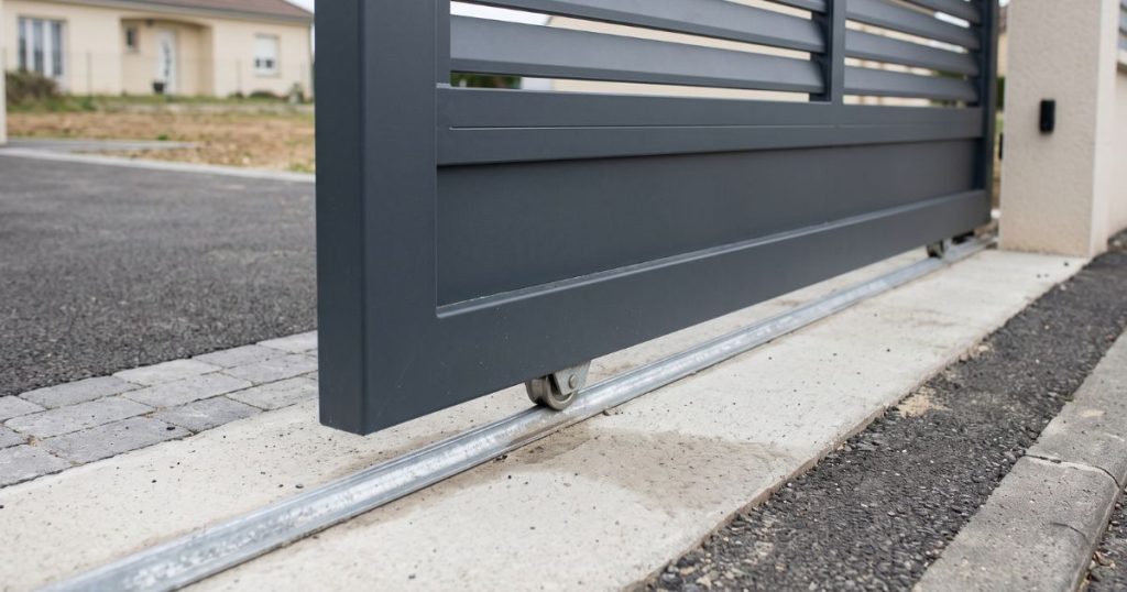 Rail au sol d’un portail coulissant aluminium scellé sur une assise béton plane