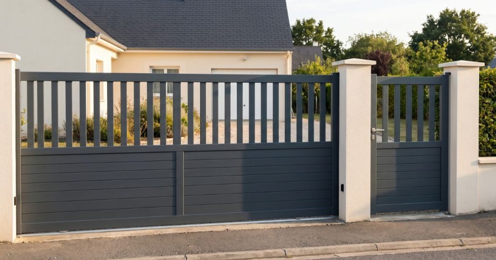 Portail coulissant aluminium et portillon assorti côte à côte sur la même entrée